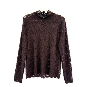 Jones New York Lace Top Brown Long Sleeve Mock Neck Sheer Blouse L Whimsy Goth